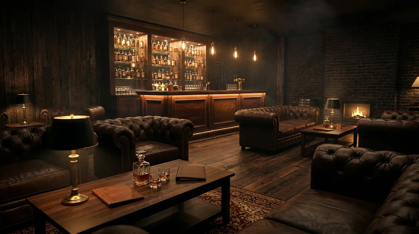 Keep accessories edited so the room stays refined inspiration for a home whiskey lounge.